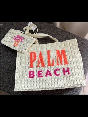 Palm Beach Straw Tote Bag with wristlet with Pink & Orange Embroidery
